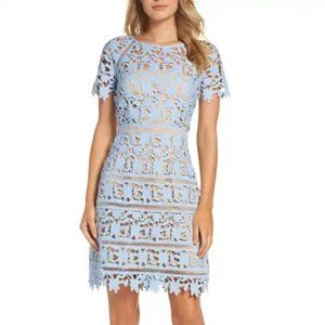 ELIZA J Light Blue Lace Overlay Lined Sheath Dress
